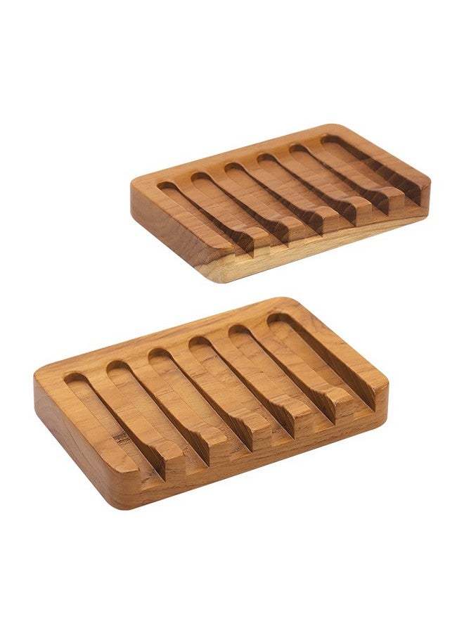 HTB 2PCS Self Draining Soap Dishes by HTB, Teak Wood Soap Holder, Soap Saver for Shower, Bathroom, Bath Tub, Kitchen Sponges, Easy Dry Extend Soap Life - Image 1