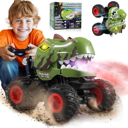 BEZGAR Monster Truck Toys Remote Control Monster Truck with Spray Light Music Dinosaur Toys for Kids 120 Scale RC Truck with 360 Spins and Drifting Remote Control Car for Boys 47 Camo Green - Image 1