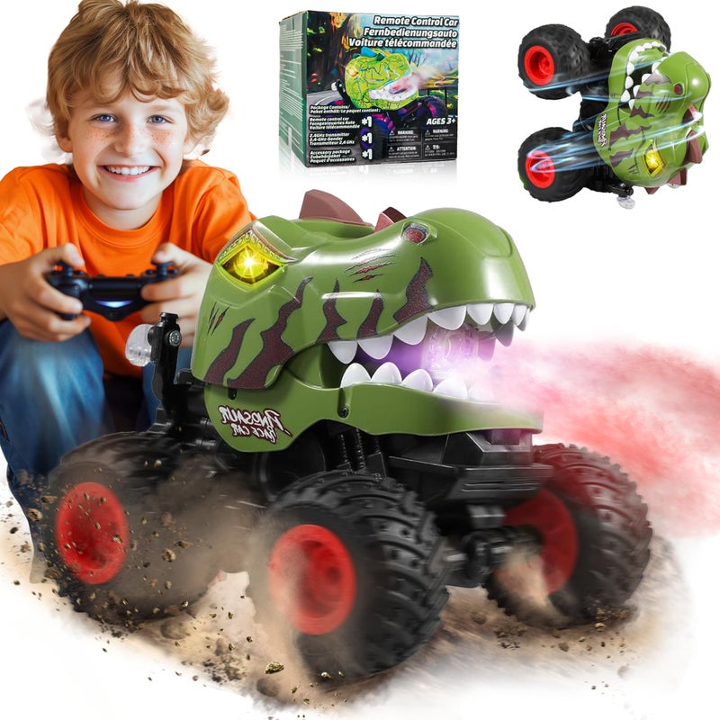 BEZGAR Monster Truck Toys Remote Control Monster Truck with Spray Light Music Dinosaur Toys for Kids 120 Scale RC Truck with 360 Spins and Drifting Remote Control Car for Boys 47 Camo Green - Image 3