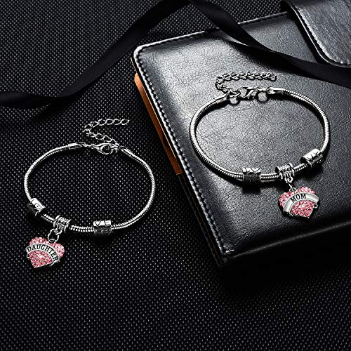 YEEQIN Set of 2 Crystal Heart Mom Daughter Charm Bracelet Jewelry Gift for Mother and Daughter (Pink) - Image 3