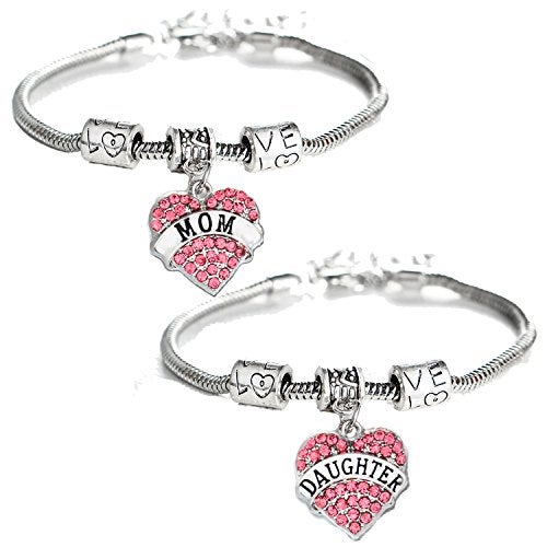 YEEQIN Set of 2 Crystal Heart Mom Daughter Charm Bracelet Jewelry Gift for Mother and Daughter (Pink) - Image 1