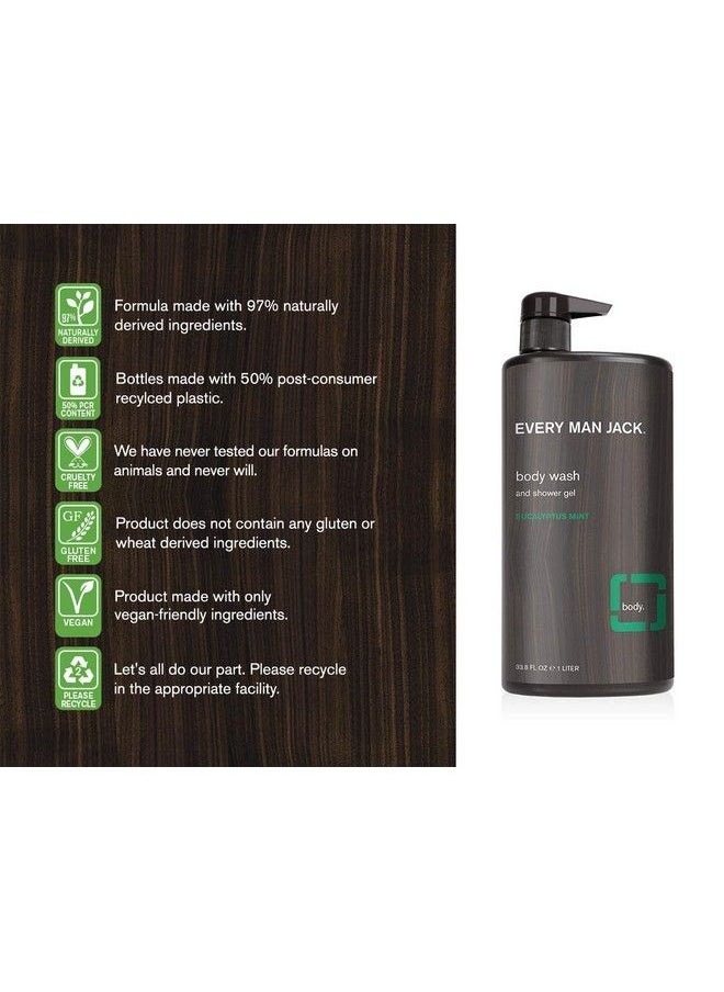 Every Man Jack - Men Body Wash Eucalyptus Mint | 33.8Ounce Twin Pack 2 Bottles Included | Naturally Derived Parabensfree Pthalatefree Dyefree And Certified Cruelty Free - Image 1