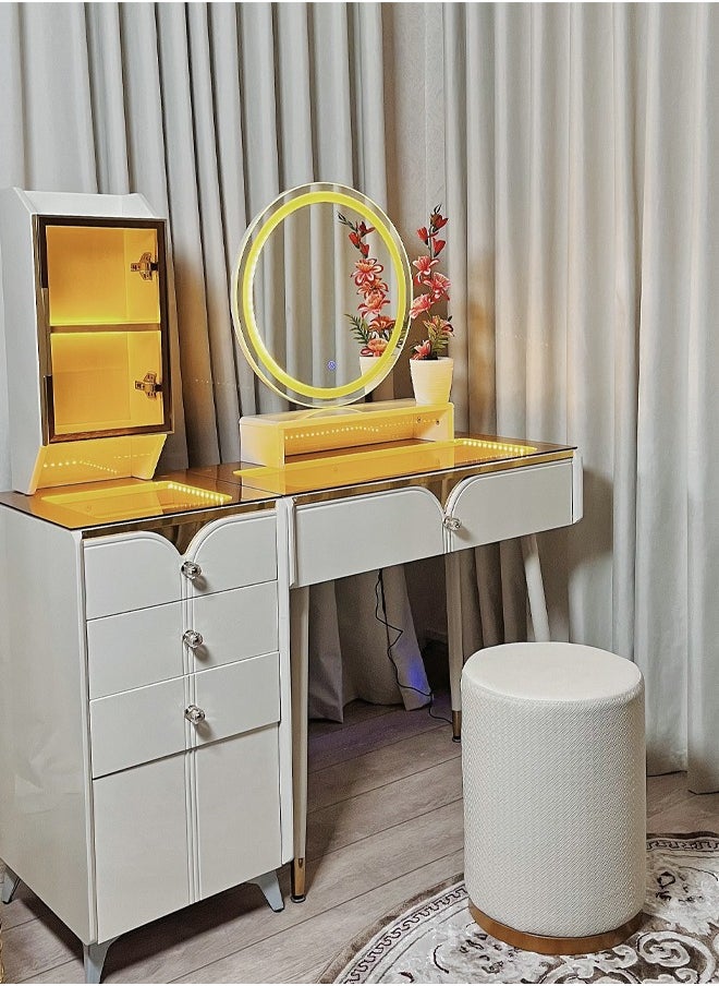 A dressing table with LED lighting and innovative storage compartments with an ergonomic chair