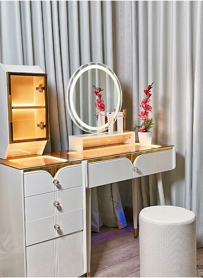 A dressing table with LED lighting and innovative storage compartments with an ergonomic chair