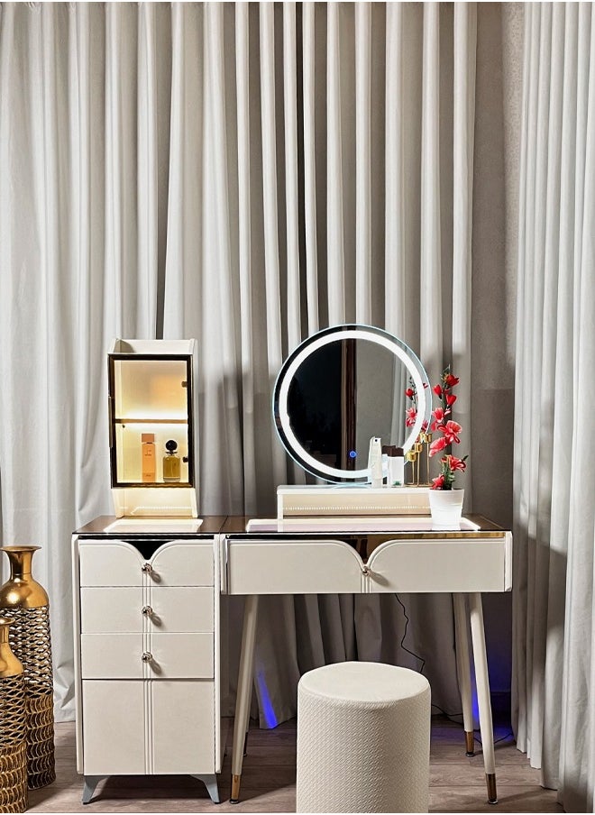 A dressing table with LED lighting and innovative storage compartments with an ergonomic chair