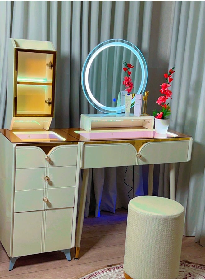 A dressing table with LED lighting and innovative storage compartments with an ergonomic chair