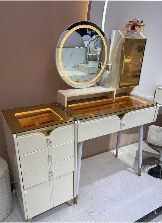A dressing table with LED lighting and innovative storage compartments with an ergonomic chair