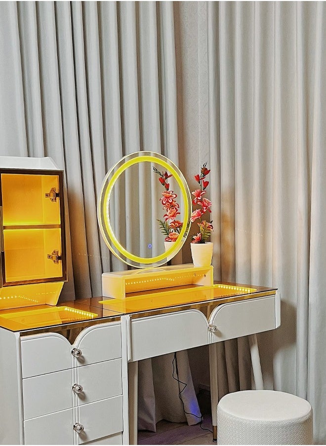 A dressing table with LED lighting and innovative storage compartments with an ergonomic chair