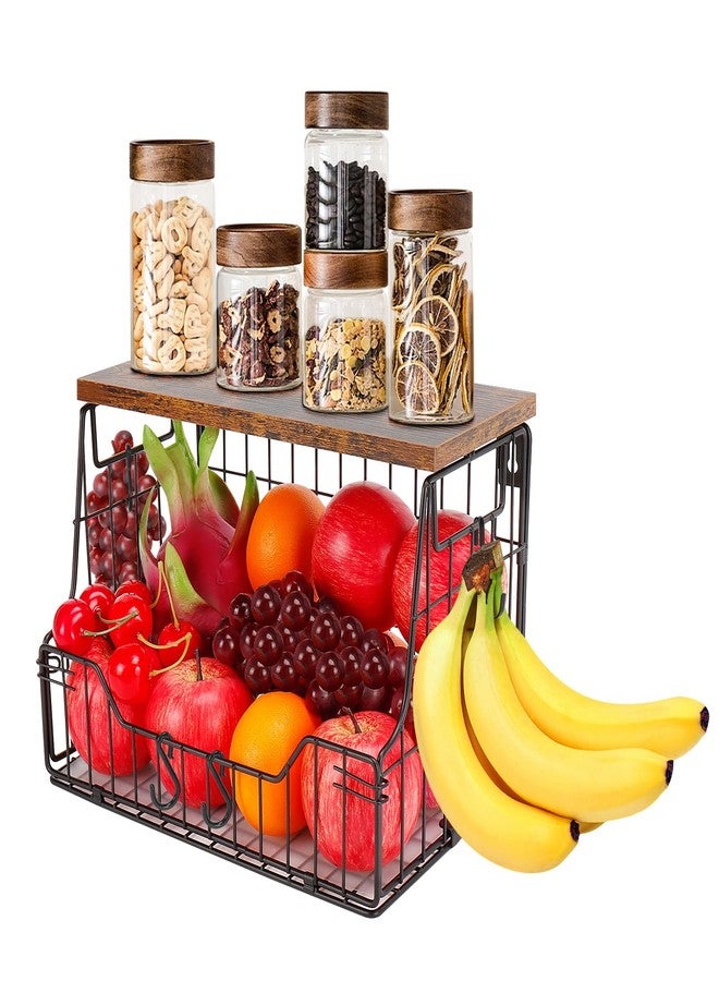 Livabber Fruit Basket for Kitchen, Metal Hanging Fruit Vegetable Storage Bin with Wood Lid, Countertop or Wall Mounted Wire Basket Organizer for Fruit Snack Potato Onion, 1 Pack (Black) - Image 1