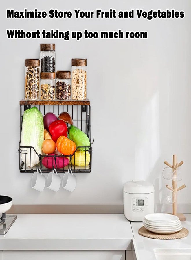 Livabber Fruit Basket for Kitchen, Metal Hanging Fruit Vegetable Storage Bin with Wood Lid, Countertop or Wall Mounted Wire Basket Organizer for Fruit Snack Potato Onion, 1 Pack (Black) - Image 4