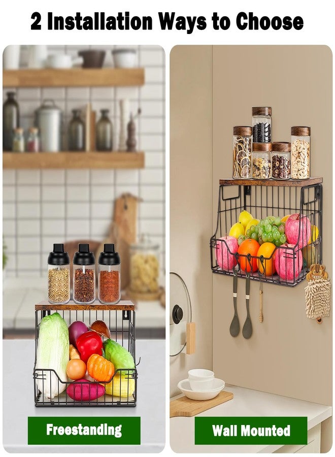 Livabber Fruit Basket for Kitchen, Metal Hanging Fruit Vegetable Storage Bin with Wood Lid, Countertop or Wall Mounted Wire Basket Organizer for Fruit Snack Potato Onion, 1 Pack (Black) - Image 5