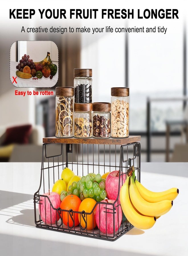 Livabber Fruit Basket for Kitchen, Metal Hanging Fruit Vegetable Storage Bin with Wood Lid, Countertop or Wall Mounted Wire Basket Organizer for Fruit Snack Potato Onion, 1 Pack (Black) - Image 3