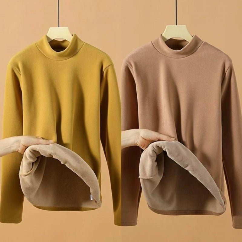 fleece-lined Base Shirt Womens plus size Autumn and Winter Thickened Warm Clothes Half-high Neck Velvet Long-sleeved Inner Top Autumn Clothes Yellow + khaki [affordable two-pack]