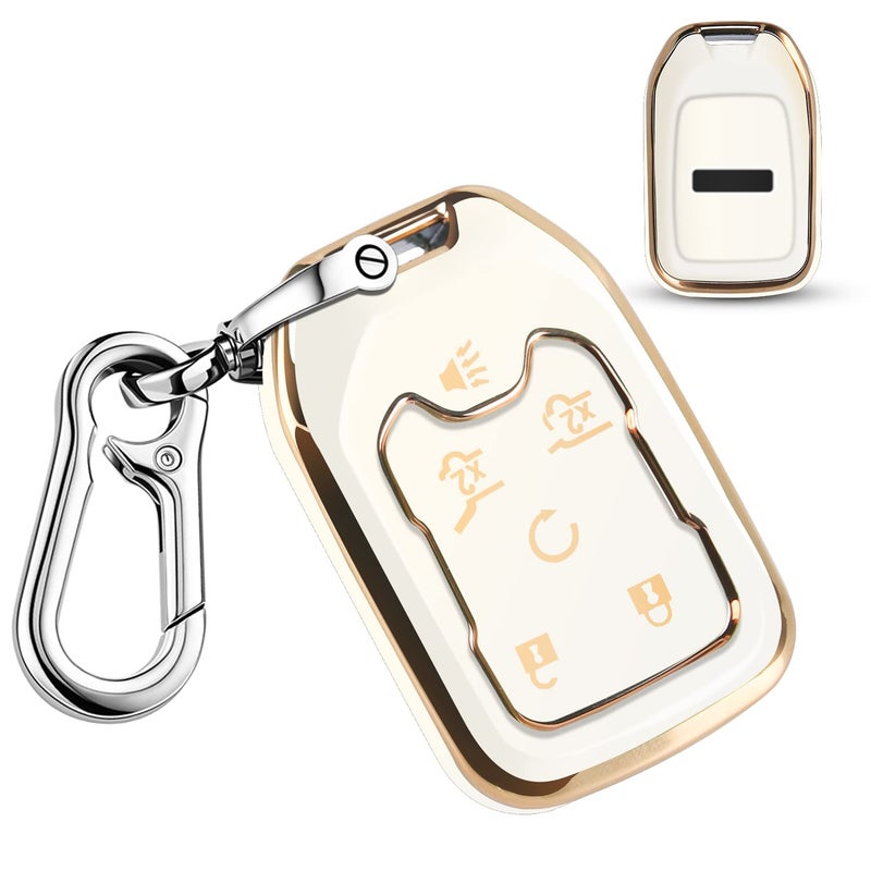 QBUC for GMC Key Fob Cover TPU Protector Case with Keychain for 2019-2021 Chevrolet Chevy Silverado and GMC Sierra 1500 2500HD 3500HD Terrain Acadia Yukon Key Cover Smart Remote 3/4/5/6 Button(White)