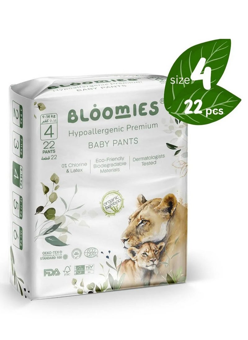 Bloomies Bloomies Organic Bamboo Premium Pant Style Baby Diapers, Hypoallergenic, 3D Leak Protection, Wetness Indicator, Super Soft, Size 4 - 22 Pieces 