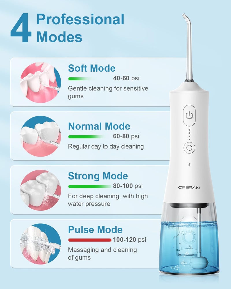 Operan Water Flossers for Teeth Cleaning Upgraded 300ml Cordless Water Dental Flossers Portable Rechargeable Oral Irrigator with 4 Modes 4 Jet Tips IPX7 Waterproof Water Floss for Home Travel (White) - Image 2