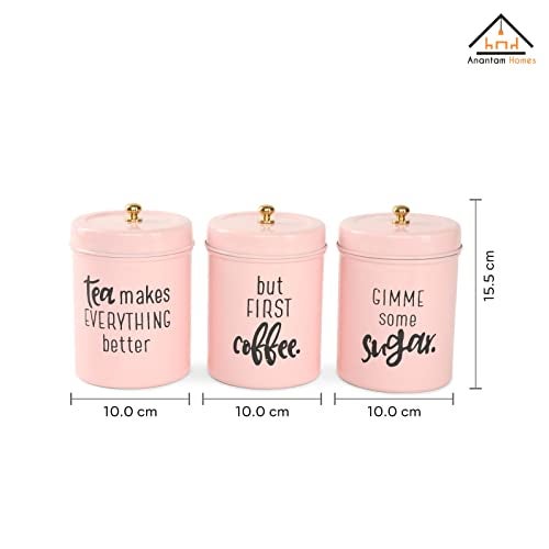 anantam homes colourful tea sugar coffee container set of 3 |Kitchen Counter Top Airtight Stainless Steel Food Storage canister with Lids for Sugar,Coffee and Tea (Gimme -Light Pink) - Image 2