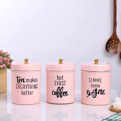 anantam homes colourful tea sugar coffee container set of 3 |Kitchen Counter Top Airtight Stainless Steel Food Storage canister with Lids for Sugar,Coffee and Tea (Gimme -Light Pink) - Image 1