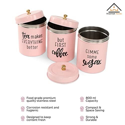 anantam homes colourful tea sugar coffee container set of 3 |Kitchen Counter Top Airtight Stainless Steel Food Storage canister with Lids for Sugar,Coffee and Tea (Gimme -Light Pink) - Image 3