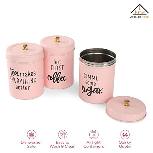 anantam homes colourful tea sugar coffee container set of 3 |Kitchen Counter Top Airtight Stainless Steel Food Storage canister with Lids for Sugar,Coffee and Tea (Gimme -Light Pink) - Image 4
