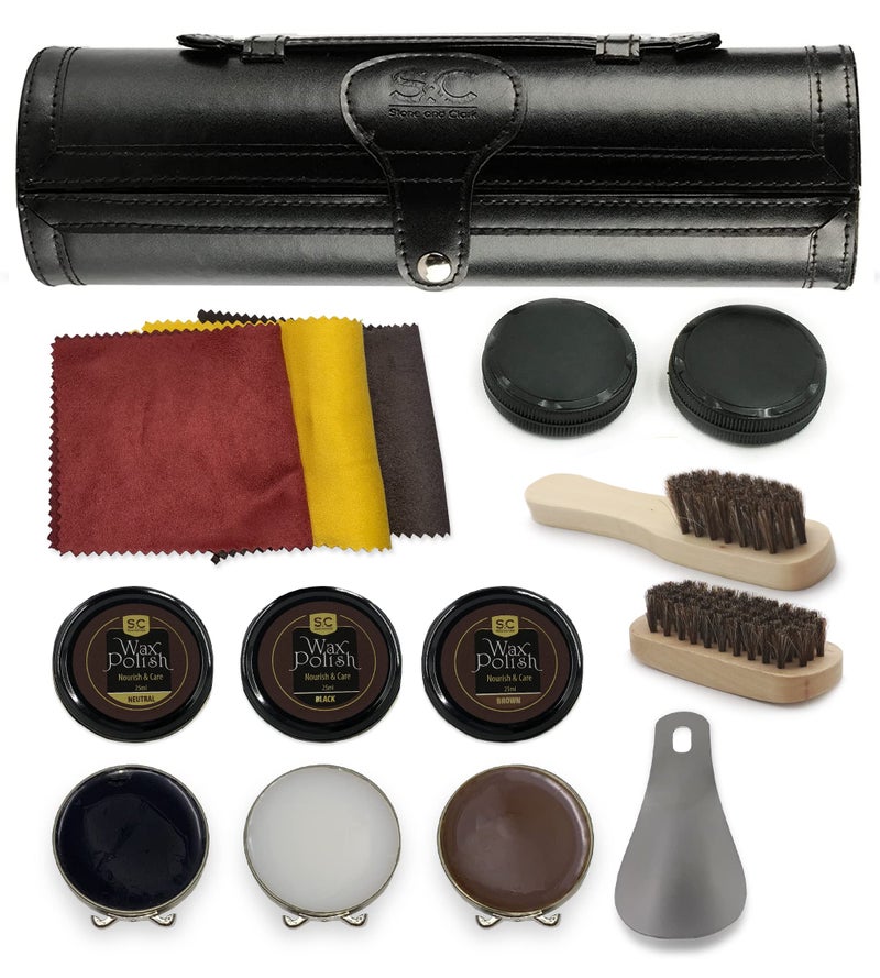 Stone and Clark 12PC Shoe Polish & Care Kit, Leather Shoe Shine Kit with Brown Wax, Shoe Brushes for Polishing, Compact Shoe Cleaning Kit - Image 1