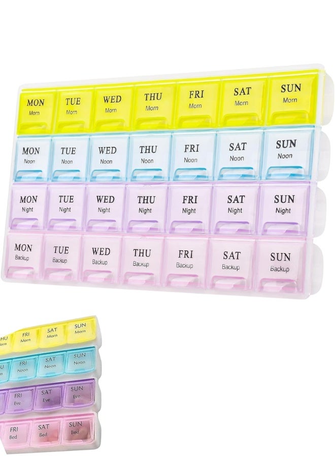 علبة حبوب أسبوعية بتصميم مفتوح وخالية من مادة BPA، تتسع لـ 7 أيام، تحتوي على 28 قسمًا، مع ملصقات للأدوية والمكملات الغذائية والفيتامينات وزيت كبد الحوت. - Image 1