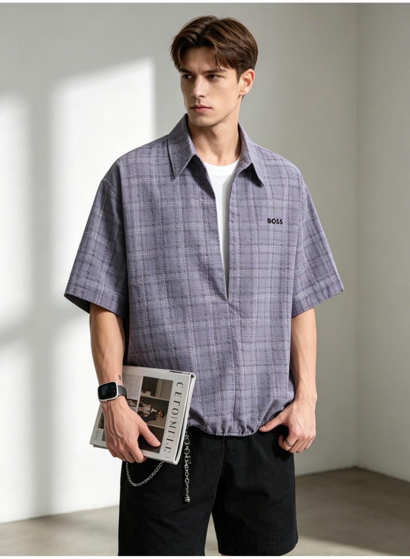 BOSS Men Loose Short Sleeve Plaid Shirt Casual Summer Daily Top Grey Purple Plaid - Image 1