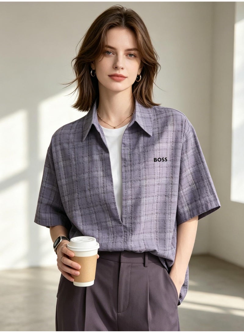 BOSS Men Loose Short Sleeve Plaid Shirt Casual Summer Daily Top Grey Purple Plaid - Image 4