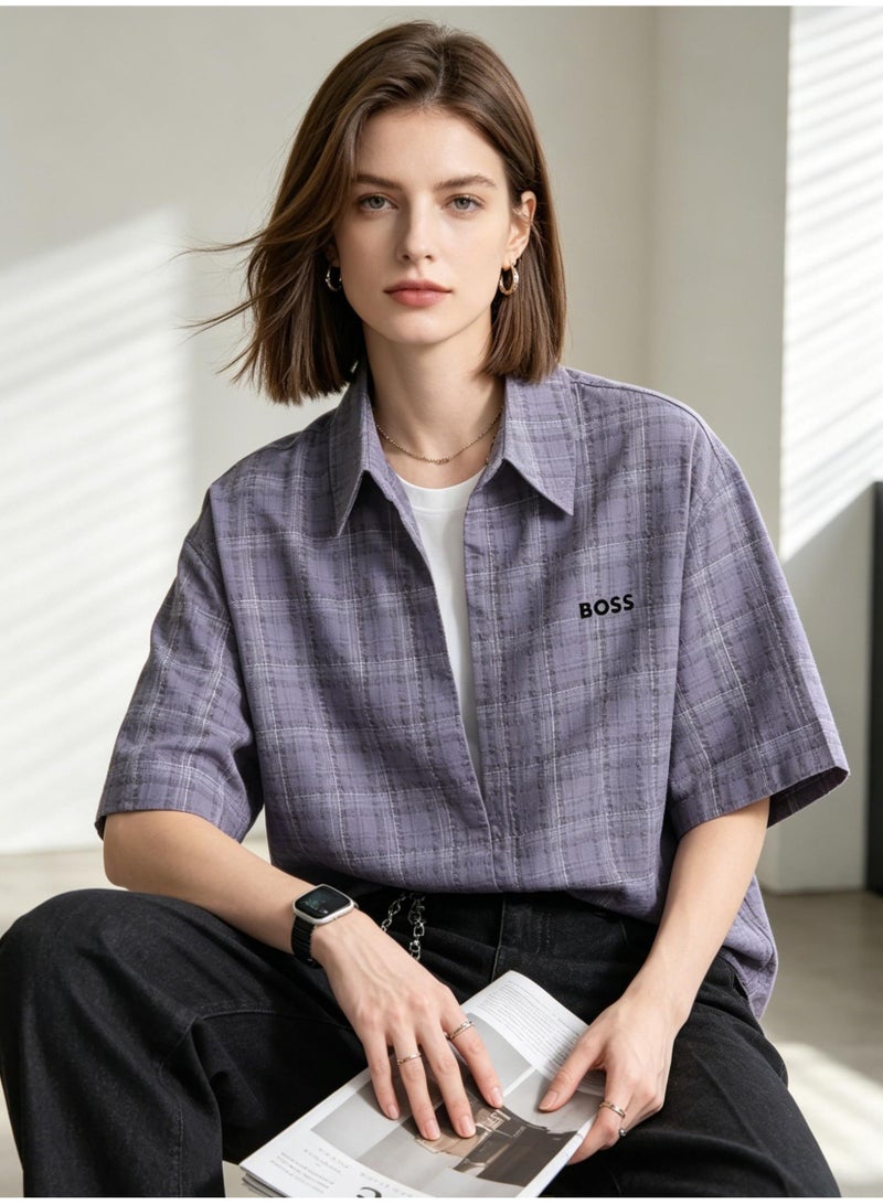 BOSS Men Loose Short Sleeve Plaid Shirt Casual Summer Daily Top Grey Purple Plaid - Image 3