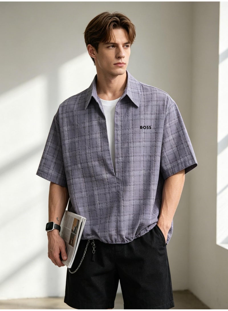 BOSS Men Loose Short Sleeve Plaid Shirt Casual Summer Daily Top Grey Purple Plaid - Image 5