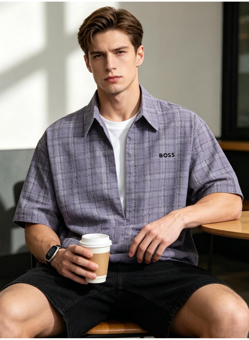 BOSS Men Loose Short Sleeve Plaid Shirt Casual Summer Daily Top Grey Purple Plaid - Image 2