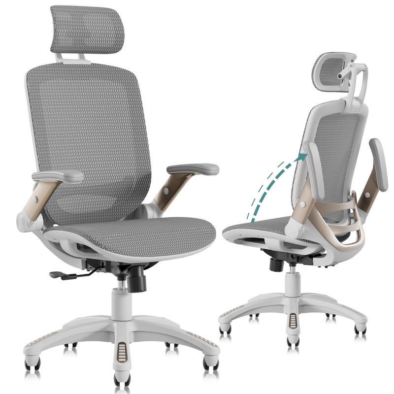 GABRYLLY Ergonomic Office Chair High Back Home Desk Chair with Headrest FlipUp Arms 90120 Tilt Lock and Wide Cushion Big and Tall Mesh Chairs for Man Woman White Task Chair