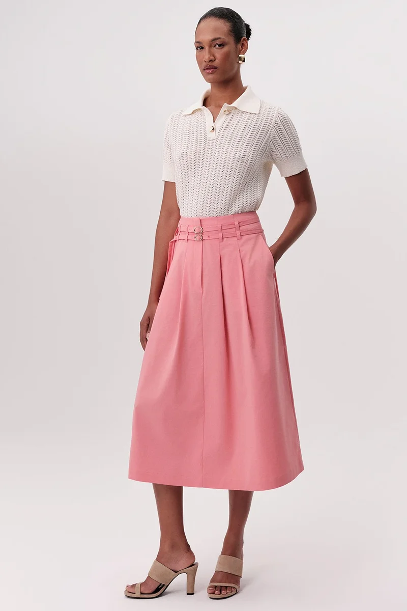 EXQUISE High-waisted, pleated, pocketed midi pink skirt with belt.