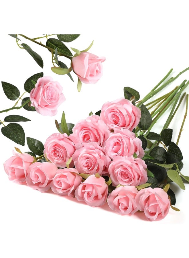DUNISO 12PCS Artificial Silk Flowers, Artificial Roses Silk Bridal Wedding Bouquet, Realistic Flower Long Stem for Home, Wedding Decoration, Party (Pink) - Image 1