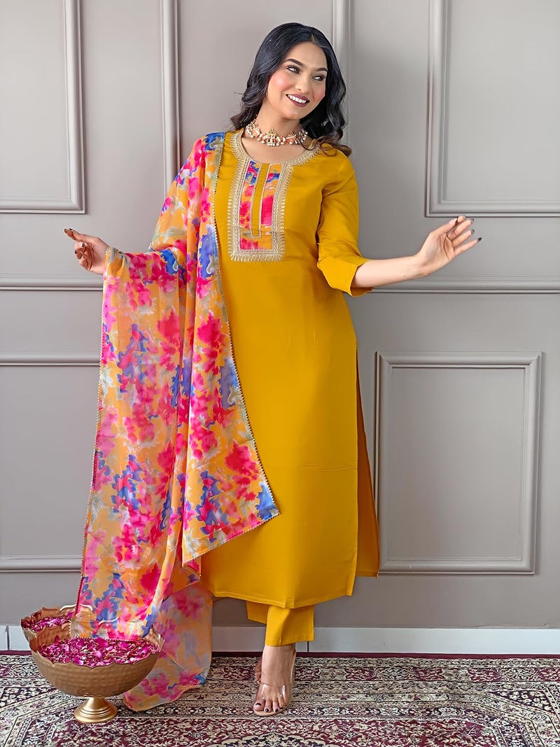 Naixa Women's Rayon Embroidered Straight Kurta with Pant and Dupatta Sets for Wedding and Festival Wear (NX2-498-Yellow-XXL) - Image 2