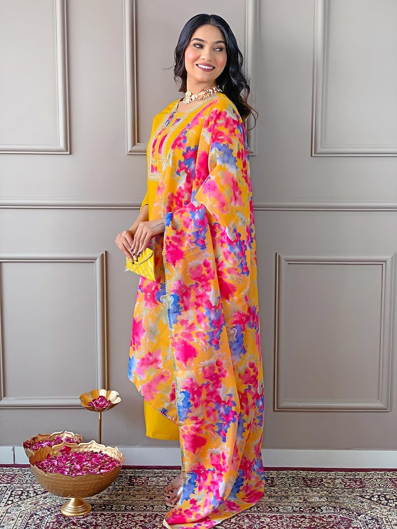Naixa Women's Rayon Embroidered Straight Kurta with Pant and Dupatta Sets for Wedding and Festival Wear (NX2-498-Yellow-XXL) - Image 3