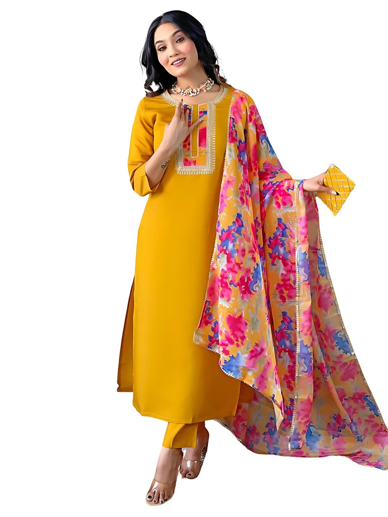 Naixa Women's Rayon Embroidered Straight Kurta with Pant and Dupatta Sets for Wedding and Festival Wear (NX2-498-Yellow-XXL) - Image 1