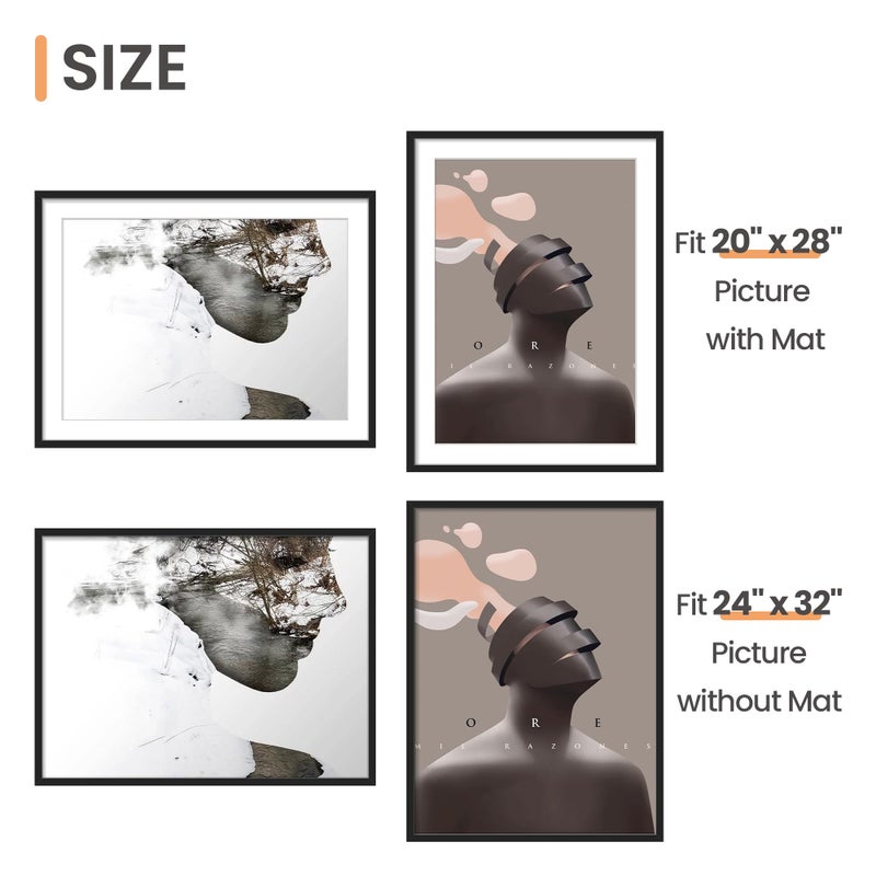 upsimples 24x32 Poster Frame, Display Pictures 20x28 with Mat or 24 x 32 Without, Wall Hanging Picture Frames, Black, 1 Pack - Image 3