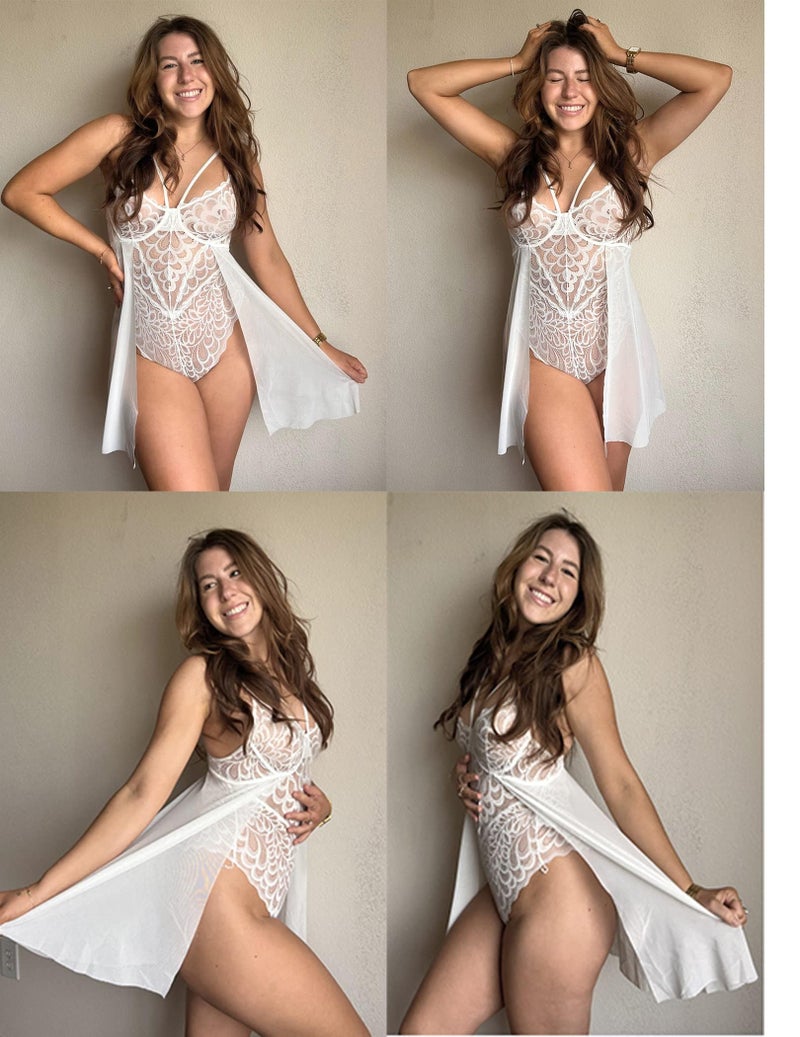 GirlFriend Women Lingerie Set Lace Teddy Strap Babydoll Bodysuit Bikini with Flair Skirt Floral Snap Crotch Babydoll White - Image 5