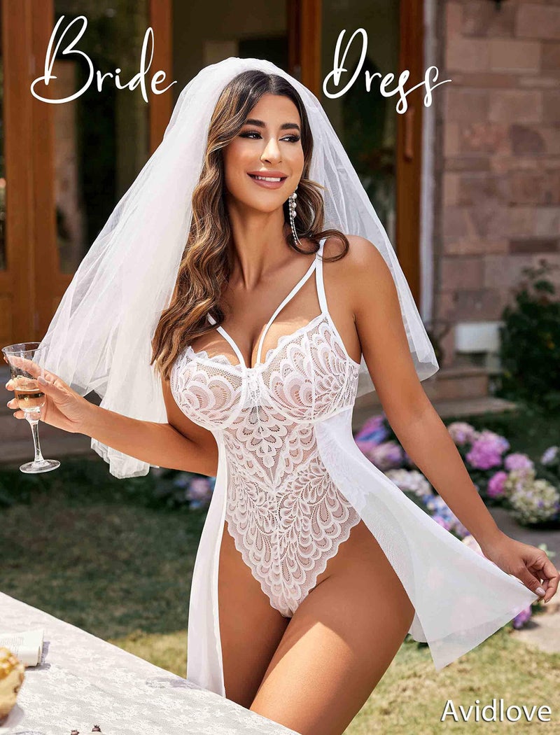GirlFriend Women Lingerie Set Lace Teddy Strap Babydoll Bodysuit Bikini with Flair Skirt Floral Snap Crotch Babydoll White - Image 2