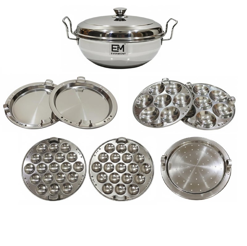 EVERMONT Stainless Steel Multi-Purpose Idli Maker & Steamer for Kitchen | 7 Plates (2 Idli, 2 Mini Idli, 2 Dhokla, 1 Steamer) | Induction & Gas Compatible Multi Kadai | Steamer for Momos, Modak & Vegetables | Heavy Bottom SS 304 - Image 1
