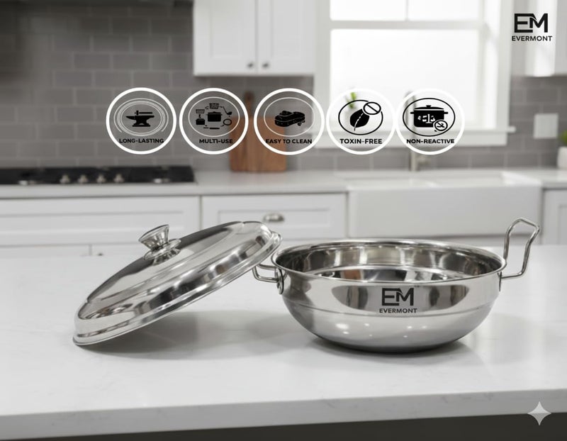 EVERMONT Stainless Steel Multi-Purpose Idli Maker & Steamer for Kitchen | 7 Plates (2 Idli, 2 Mini Idli, 2 Dhokla, 1 Steamer) | Induction & Gas Compatible Multi Kadai | Steamer for Momos, Modak & Vegetables | Heavy Bottom SS 304 - Image 5