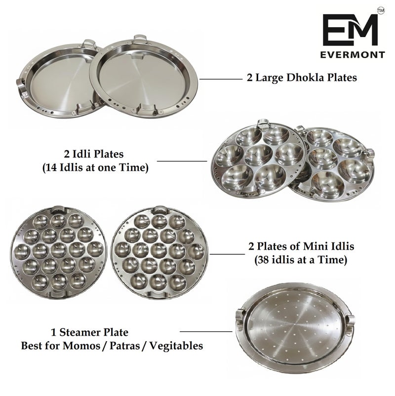 EVERMONT Stainless Steel Multi-Purpose Idli Maker & Steamer for Kitchen | 7 Plates (2 Idli, 2 Mini Idli, 2 Dhokla, 1 Steamer) | Induction & Gas Compatible Multi Kadai | Steamer for Momos, Modak & Vegetables | Heavy Bottom SS 304 - Image 4