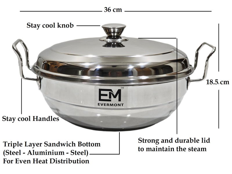 EVERMONT Stainless Steel Multi-Purpose Idli Maker & Steamer for Kitchen | 7 Plates (2 Idli, 2 Mini Idli, 2 Dhokla, 1 Steamer) | Induction & Gas Compatible Multi Kadai | Steamer for Momos, Modak & Vegetables | Heavy Bottom SS 304 - Image 2