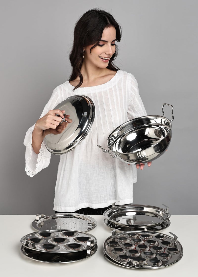 EVERMONT Stainless Steel Multi-Purpose Idli Maker & Steamer for Kitchen | 7 Plates (2 Idli, 2 Mini Idli, 2 Dhokla, 1 Steamer) | Induction & Gas Compatible Multi Kadai | Steamer for Momos, Modak & Vegetables | Heavy Bottom SS 304 - Image 3