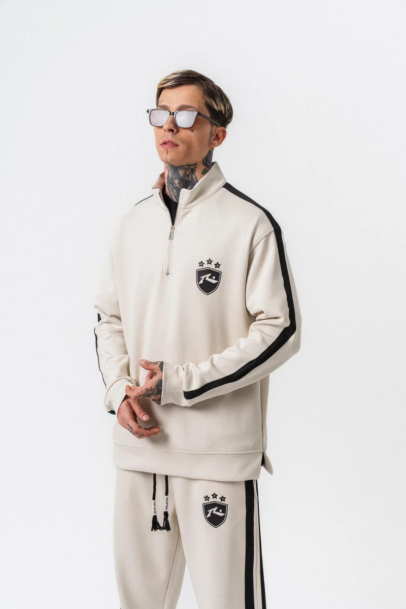 ريسباير سويت شيرت رجالي من المودال (Modal) نصف بسحاب (Half-Zip) بتفاصيل شريط لون إيكرو