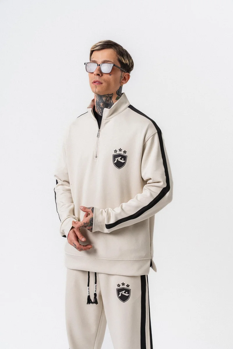 ريسباير سويت شيرت رجالي من المودال (Modal) نصف بسحاب (Half-Zip) بتفاصيل شريط لون إيكرو