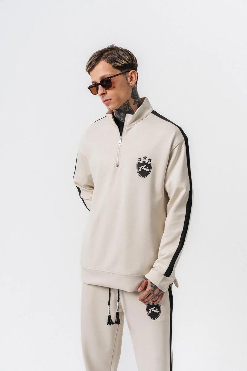 ريسباير سويت شيرت رجالي من المودال (Modal) نصف بسحاب (Half-Zip) بتفاصيل شريط لون إيكرو