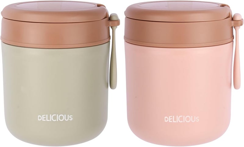 YILANJIN 2 pcs Insulated Food Flask with Foldable Spoon, 430ml Vacuum Insulated Food Container, Thermal Lunch Box for Hot Food Kids Stainless Steel, Leak Proof Soup Containers, Green&Pink - Image 1