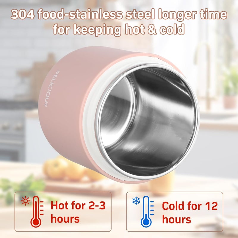 YILANJIN 2 pcs Insulated Food Flask with Foldable Spoon, 430ml Vacuum Insulated Food Container, Thermal Lunch Box for Hot Food Kids Stainless Steel, Leak Proof Soup Containers, Green&Pink - Image 4
